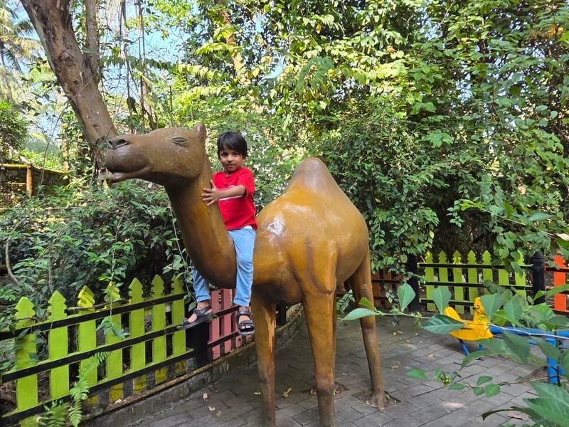 Kid sitting on a camel statue
