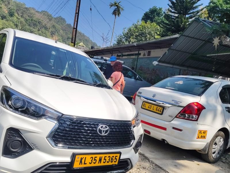 Sedan cabs parked while foreign travelers exploring outside